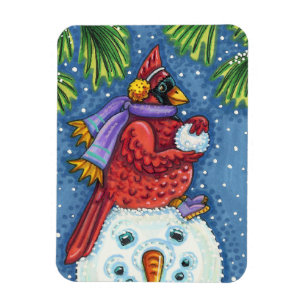 SNOWMAN BODYGUARD, CHRISTMAS CARDINAL REDBIRD MAGNET