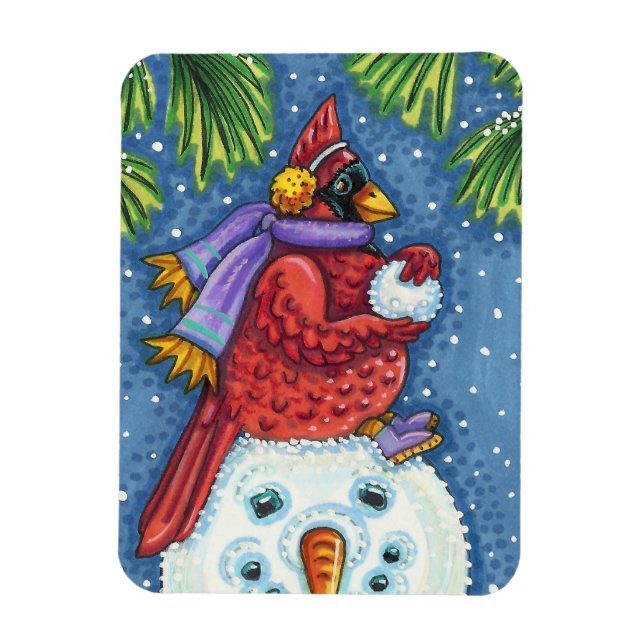 SNOWMAN BODYGUARD, CHRISTMAS CARDINAL REDBIRD MAGNET (Vertical)
