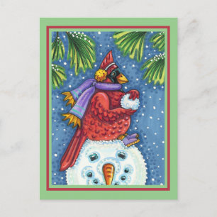 SNOWMAN BODYGUARD, CHRISTMAS CARDINAL REDBIRD POSTCARD