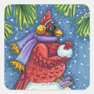 SNOWMAN BODYGUARD, CHRISTMAS CARDINAL REDBIRD SQUARE STICKER