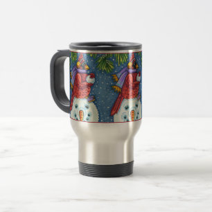 SNOWMAN BODYGUARD, CHRISTMAS CARDINAL REDBIRD TRAVEL MUG
