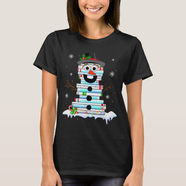 Snowman Book Stack Librarian Book Lover Christmas  T-Shirt (Front)