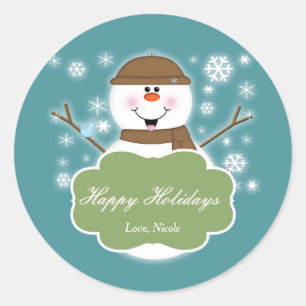 Snowman Brown & Teal Christmas Holiday Sticker