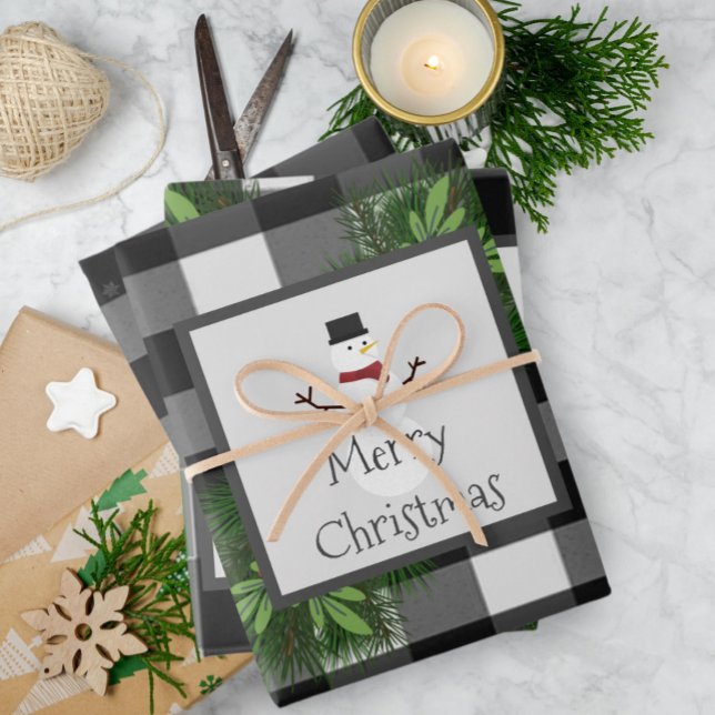 Snowman Buffalo Plaid | Black and White Wrapping Paper Sheet (Black and White Snowman Buffalo Plaid Wrapping Paper Sheets)
