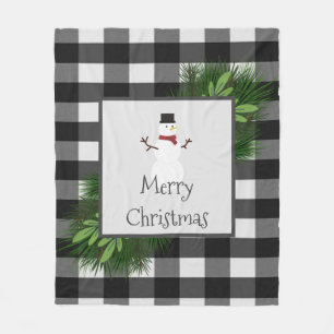 Snowman Buffalo Plaid   Black White Fleece Blanket