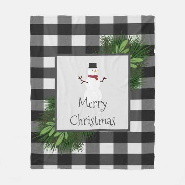 Snowman Buffalo Plaid | Black White Fleece Blanket (Front)