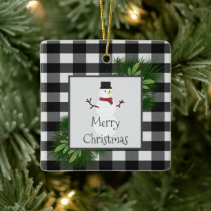 Snowman Buffalo Plaid Ceramic Ornament