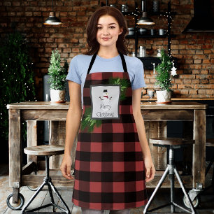 Snowman Buffalo Plaid Christmas   Black Red Apron