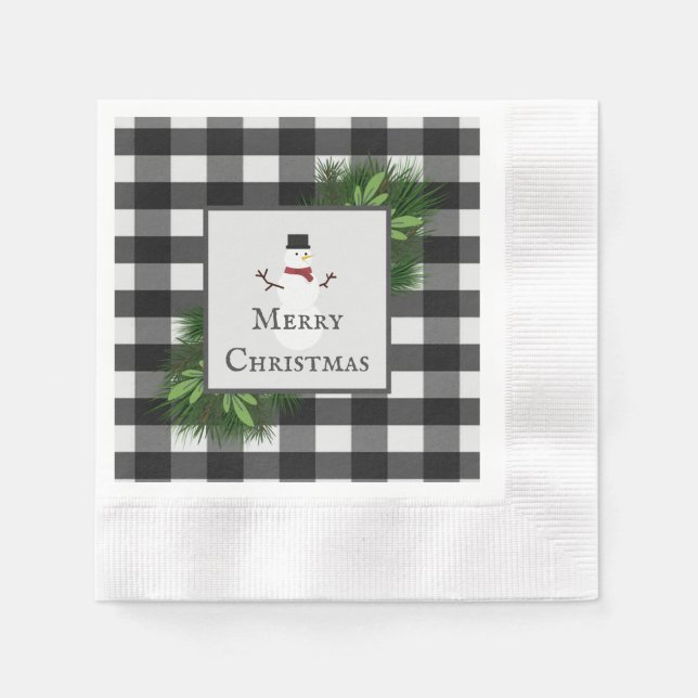 Snowman Buffalo Plaid Paper Napkin (Front)