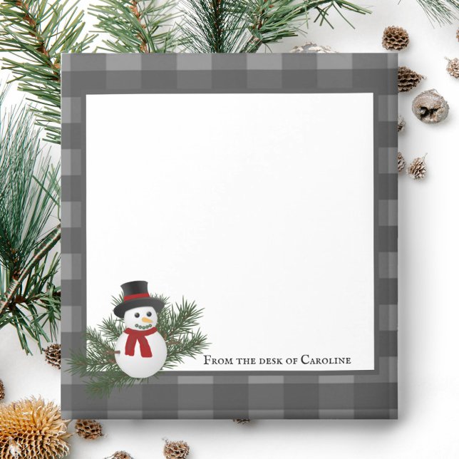 Snowman Buffalo Plaid Personalised Notepad (Gray Smiling Snowman Buffalo Plaid Personalized Notepad)