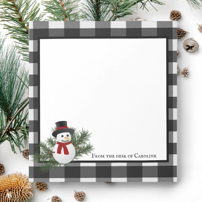 Snowman Buffalo Plaid Personalized Notepad (Black and White Smiling Snowman Buffalo Plaid Personalized Notepad)
