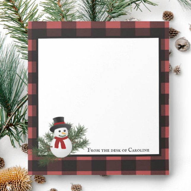 Snowman Buffalo Plaid Personalized Notepad (Black and Red Smiling Snowman Buffalo Plaid Personalized Notepad)