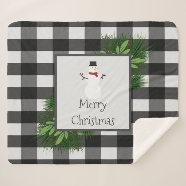 Snowman Buffalo Plaid Sherpa Blanket | Black (Front (Horizontal))