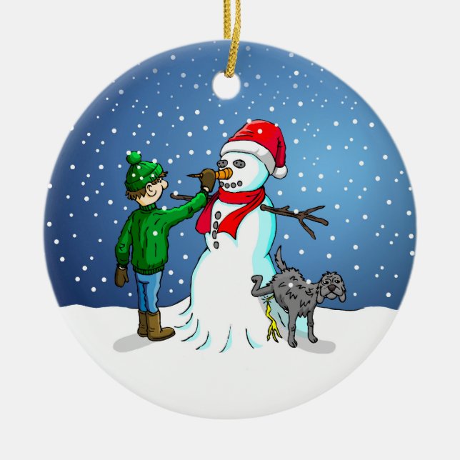 Snowman Building Ceramic Tree Decoration (Front)