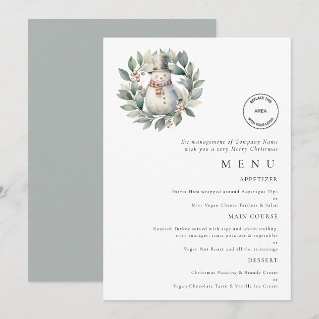 Snowman Business Logo Christmas Party Menu Card (Front/Back)