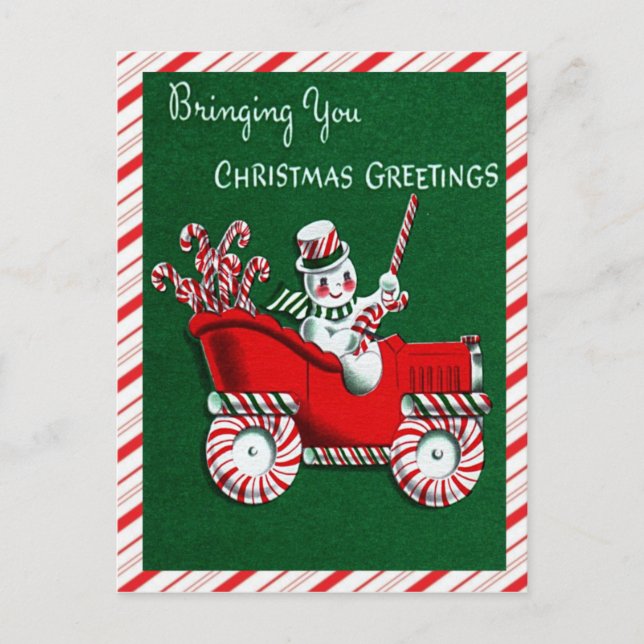 Snowman Candy Cane Christmas Greetings Postcard (Front)