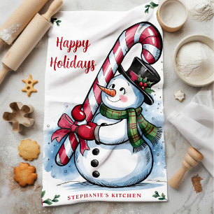 Snowman Candy Cane Happy Holidays Christmas Tea Towel