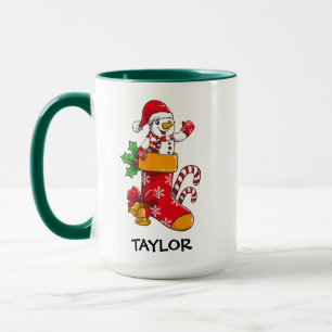 Snowman Candy Cane Stockings Custom Name Coffee Mug