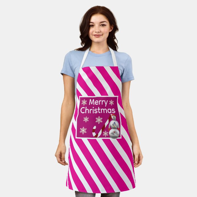 snowman Candy Cane Stripe Merry Christmas Apron (Worn)