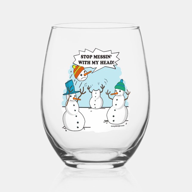 Snowman Cartoon Funny Drawing Stemless Wine Glass (Front)