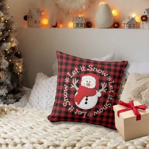 Snowman Cartoon Red Black Plaid Rustic Let it Snow Cushion