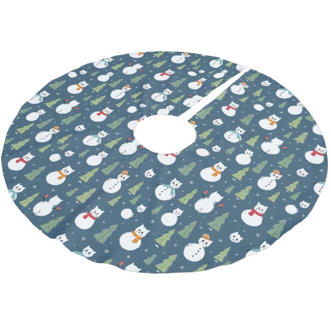 Snowman Cats Holiday Pattern Brushed Polyester Tree Skirt (Angled)
