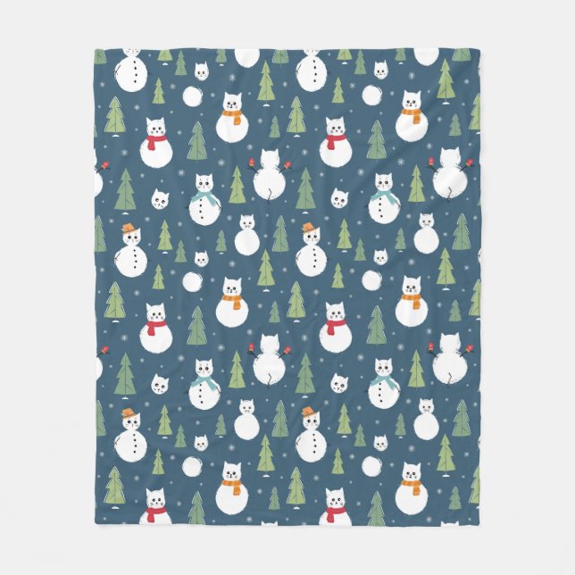 Snowman Cats Holiday Pattern Fleece Blanket (Front)