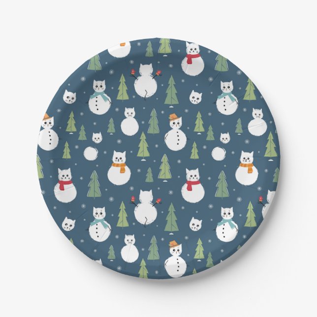 Snowman Cats Holiday Pattern Paper Plate (Front)