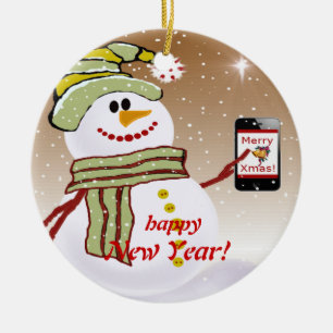 Snowman cellphone ceramic tree decoration