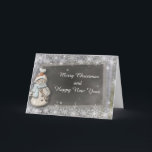 Snowman Chalkboard New Year Christmas Card<br><div class="desc">Charming Christmas greeting card features a snowflake silver background with a snowman next to a chalkboard. Front text reads: Merry Christmas and Happy New Year. Inside card reads : Here’s a wish for peace and happiness at Christmas and throughout the New Year. All our products can be custom designed to...</div>