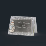 Snowman Chalkboard New Year Christmas Card<br><div class="desc">Charming Christmas greeting card features a snowflake silver background with a snowman next to a chalkboard. Front text reads: Merry Christmas and Happy New Year. Inside card reads : Here’s a wish for peace and happiness at Christmas and throughout the New Year. All our products can be custom designed to...</div>