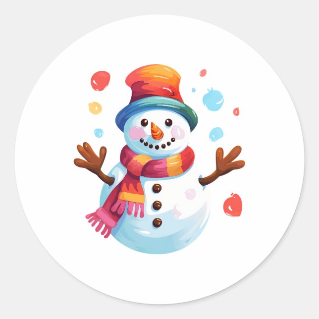 Snowman - Cheerful Snowman for Christmas Holiday Classic Round Sticker (Front)