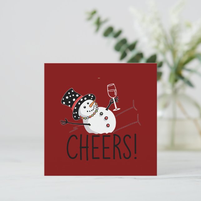 Snowman Cheers Wine Christmas Funny Xmas Winter  Holiday Card (Standing Front)