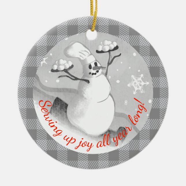 Snowman chef serving snowballs Christmas ornament (Front)