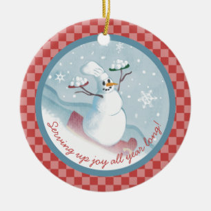 Snowman chef serving snowballs Christmas ornament
