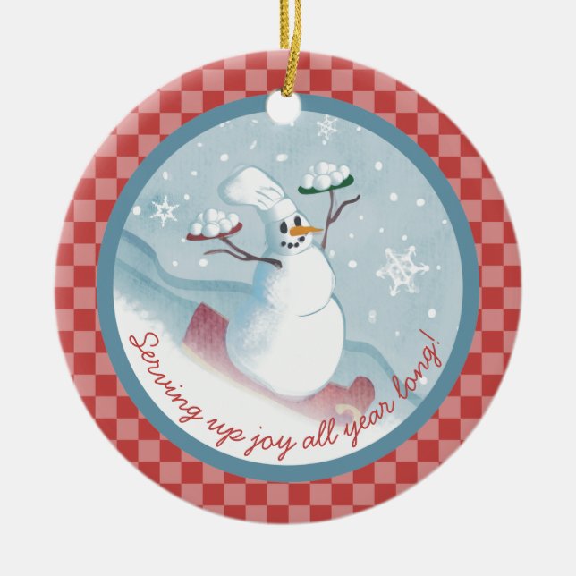 Snowman chef serving snowballs Christmas ornament (Front)