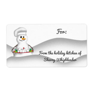 Snowman chef serving snowballs from the kitchen of