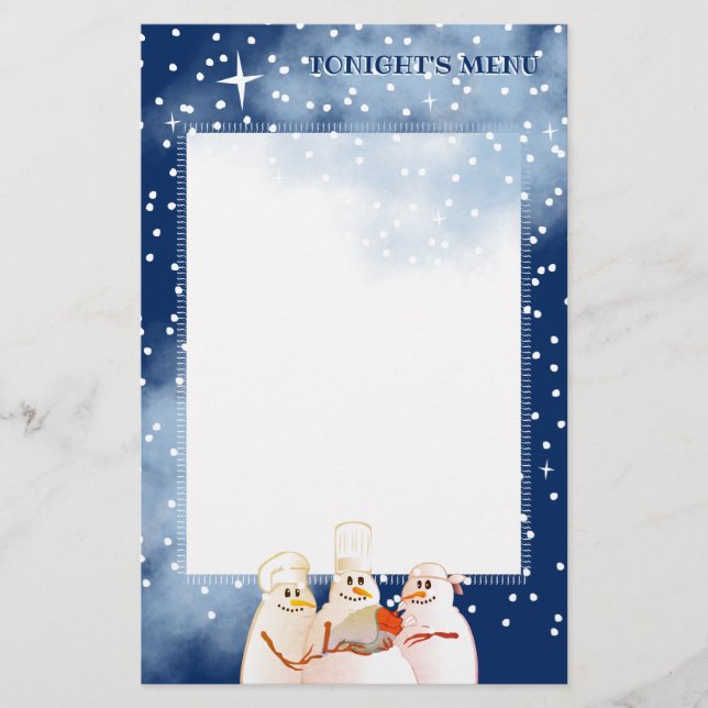 Snowman chefs Christmas holiday menu stationery (Front)