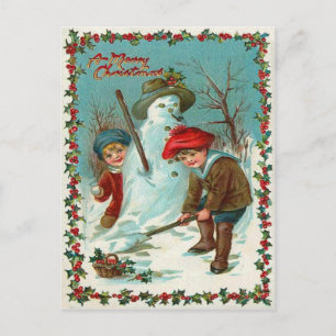 Snowman Children Snow Holly Postcard