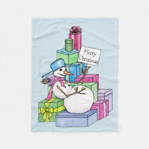Snowman chilling on presents fleece blanket