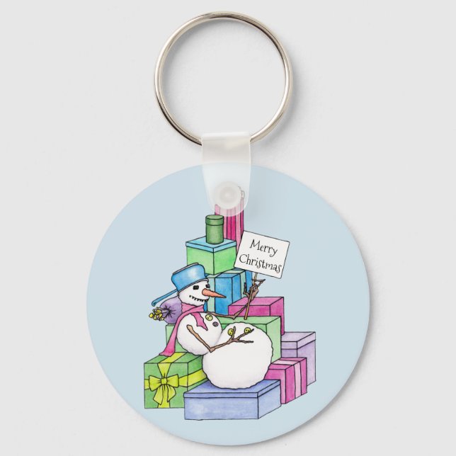 Snowman chilling on presents key ring (Front)