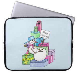 Snowman chilling on presents laptop sleeve