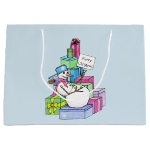 Snowman chilling on presents large gift bag