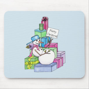 Snowman chilling on presents mouse mat
