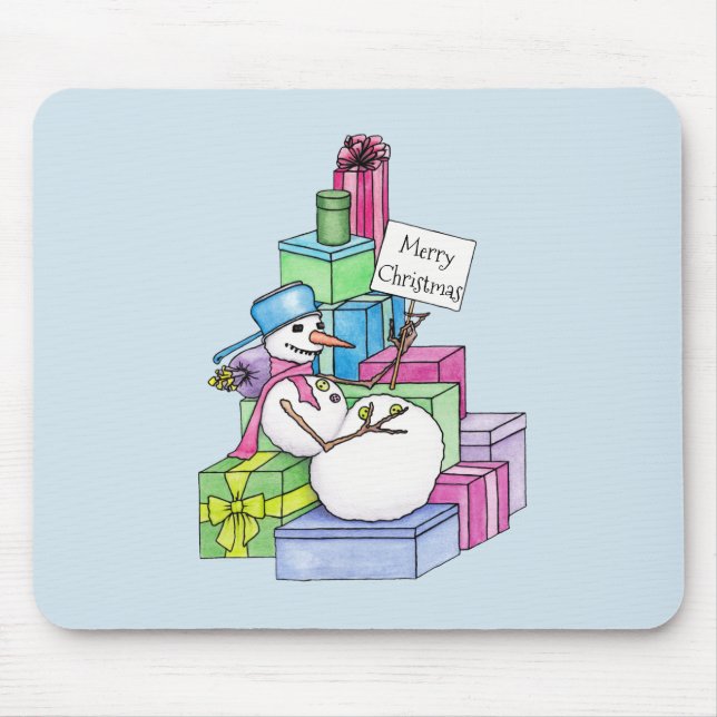 Snowman chilling on presents mouse mat (Front)