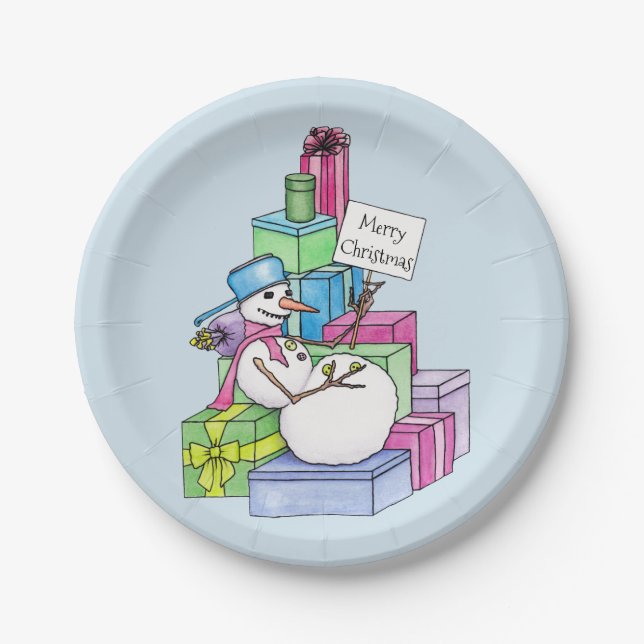 Snowman chilling on presents paper plate (Front)
