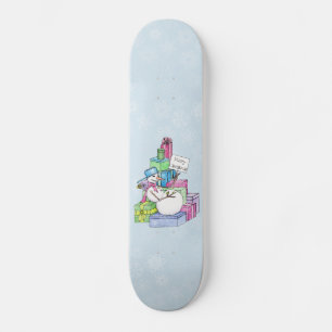 Snowman chilling on presents skateboard