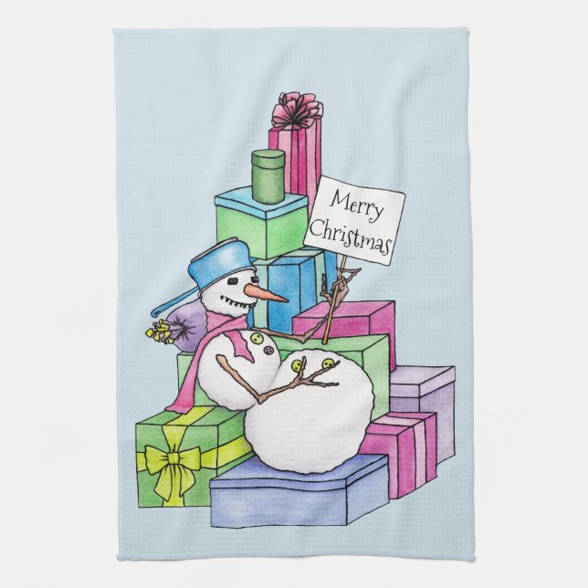 Snowman chilling on presents tea towel (Vertical)