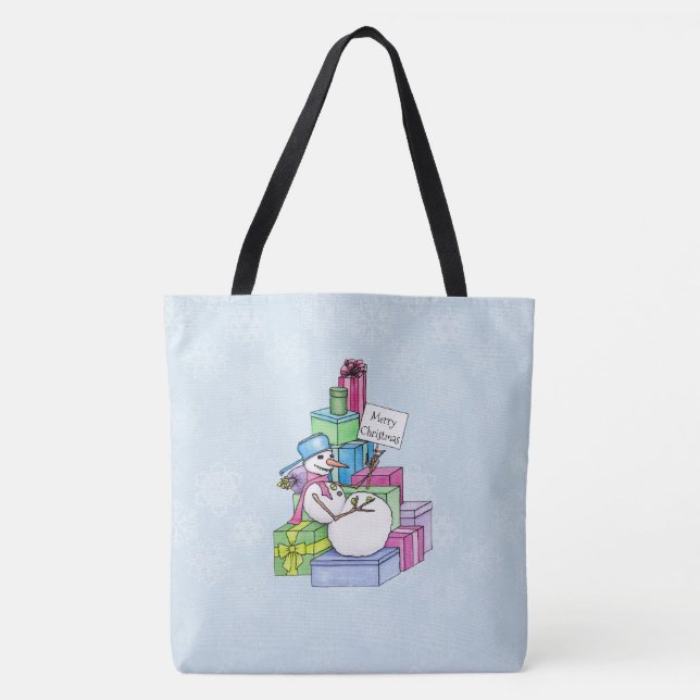 Snowman chilling on presents tote bag (Front)