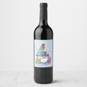 Snowman chilling on presents wine label